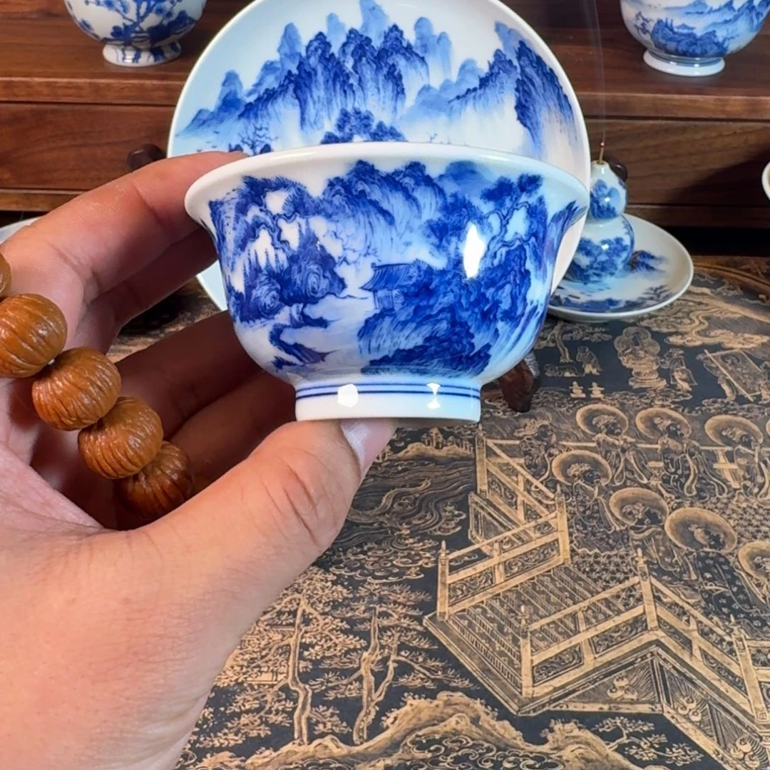 景德镇全手工手绘青花山水压手杯