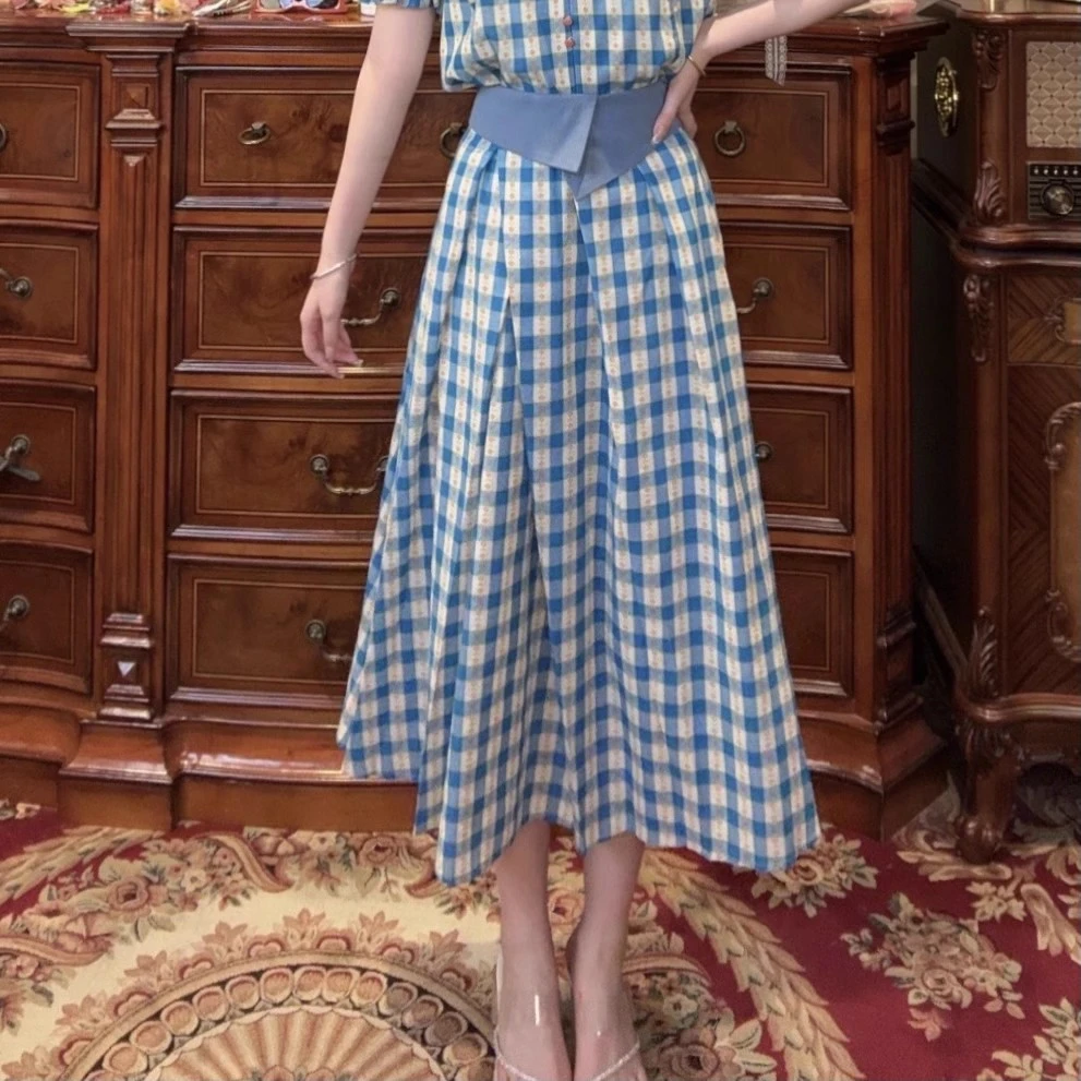 清【一生罗曼】蓝色格子裙子夏季新款条纹小众设计感半身长裙女B413