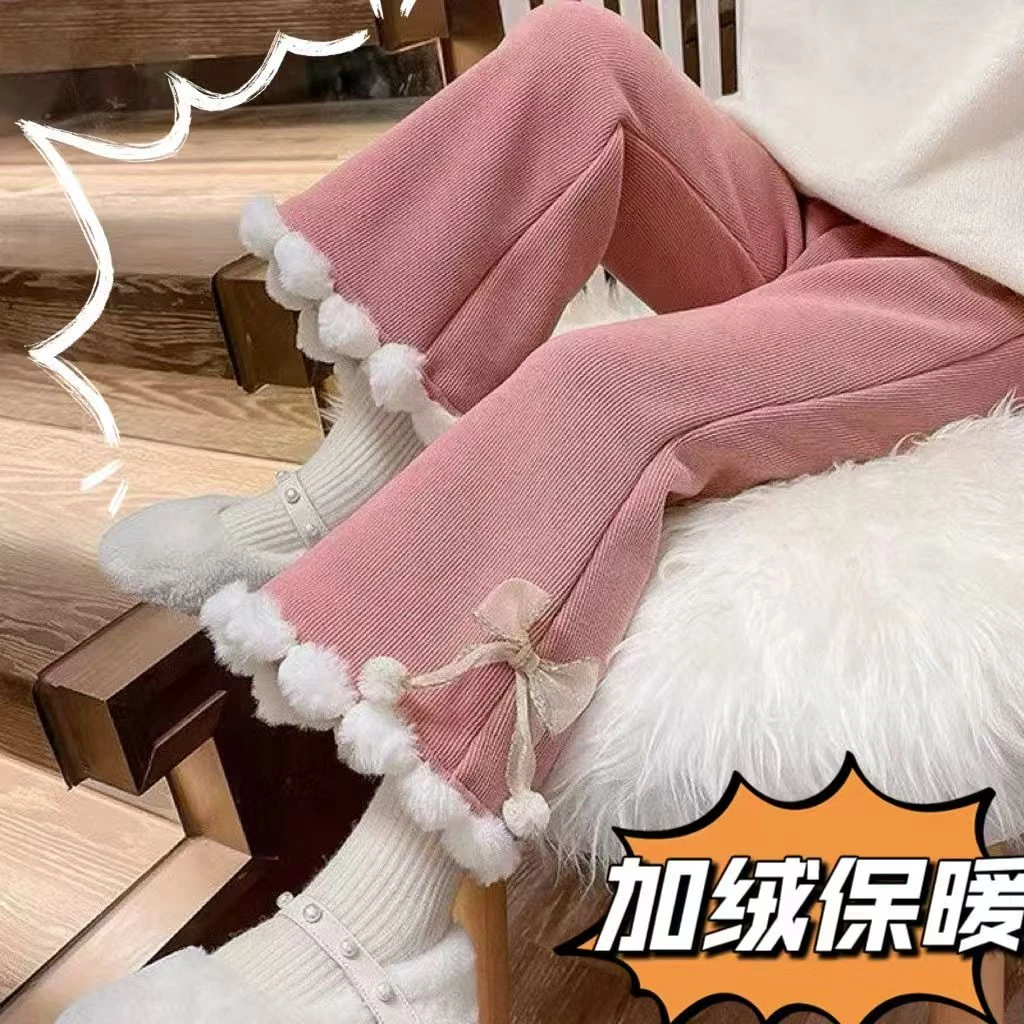 D26女童冬季蝴蝶结洋气毛毛边加绒裤