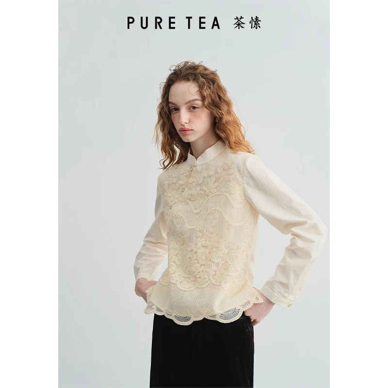 【瓷白刻花】中式斜襟立领衬衫女蕾丝绣花衫2025春KB0301D11