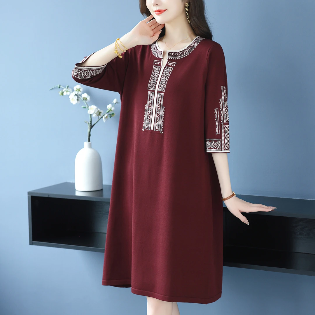 胖mm中长款宽松冰丝连衣裙春秋新款妈妈洋气大码中袖遮肚显瘦裙子