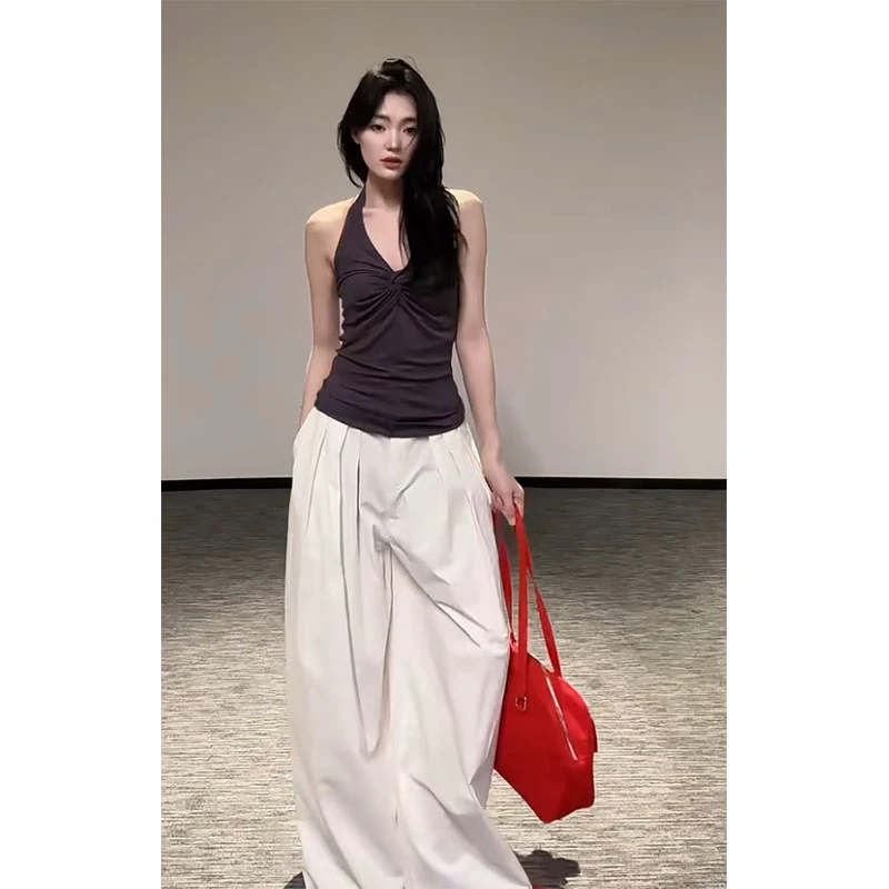 2025秋季新款修身气质收腰显瘦露背V领上衣休闲直筒宽松阔腿长裤