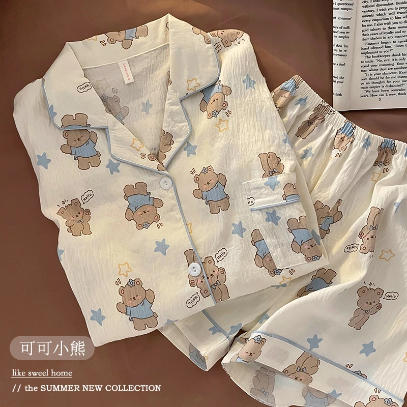 云朵棉睡衣女夏季短袖短裤可外穿薄款甜美可爱印花卡通宿舍家居服