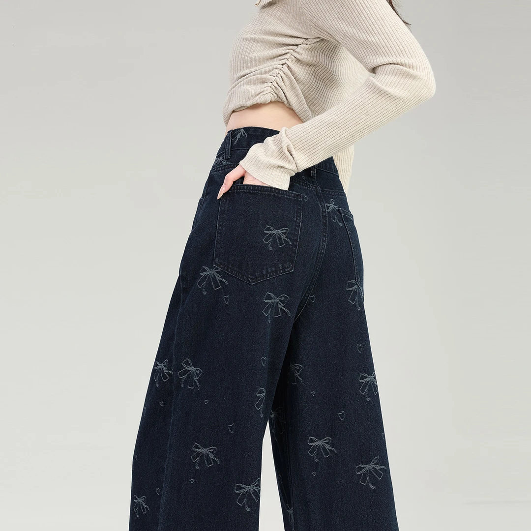蝴蝶结刺绣深蓝色牛仔裤女春秋季新款高腰抗皱天丝亚麻直筒阔腿裤