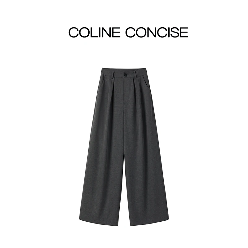 COLINE CONCISE 灰色收褶直筒裤高腰设计裤子25秋季
