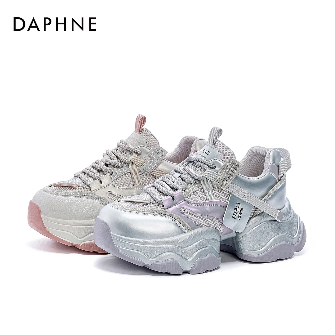 达芙妮银紫色老爹鞋女款厚底2025春季新款超火网面休闲增高运动鞋
