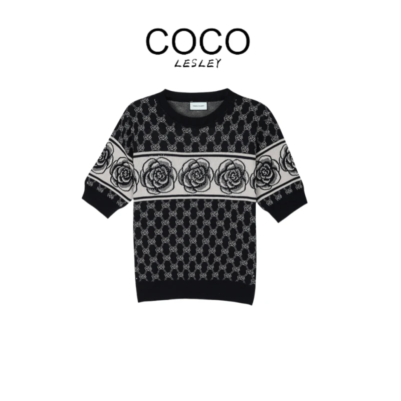 【COCO LESLEY 】轻奢重工烫钻短袖数字玫瑰花提花毛衣套头针织衫夏
