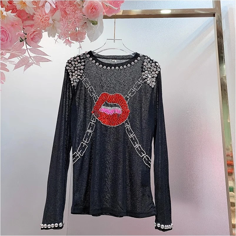 QD1194欧美设计师2025早春新款重工钉珠刺绣亮片嘴唇打底针织衫女