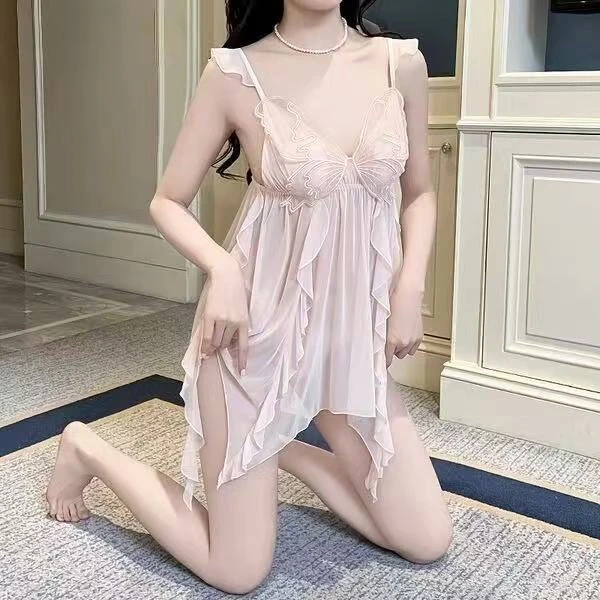 （漫有趣）新款纯欲小香风仙女碎纱条大小胸聚拢性感美背高腰裙家居