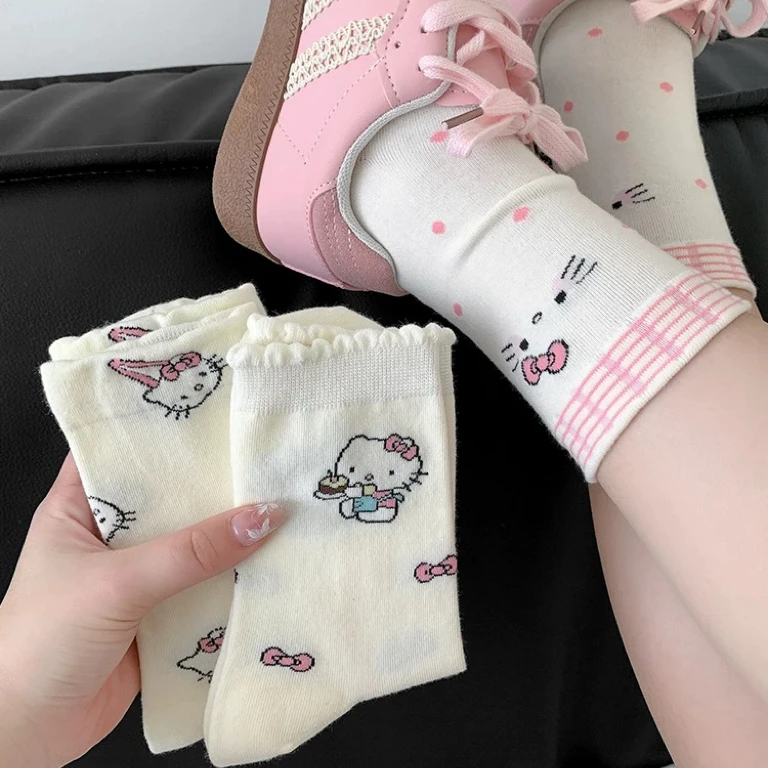 【秋款上新】女童袜子秋款粉色系蝴蝶结女宝卡通小猫百搭中筒棉袜