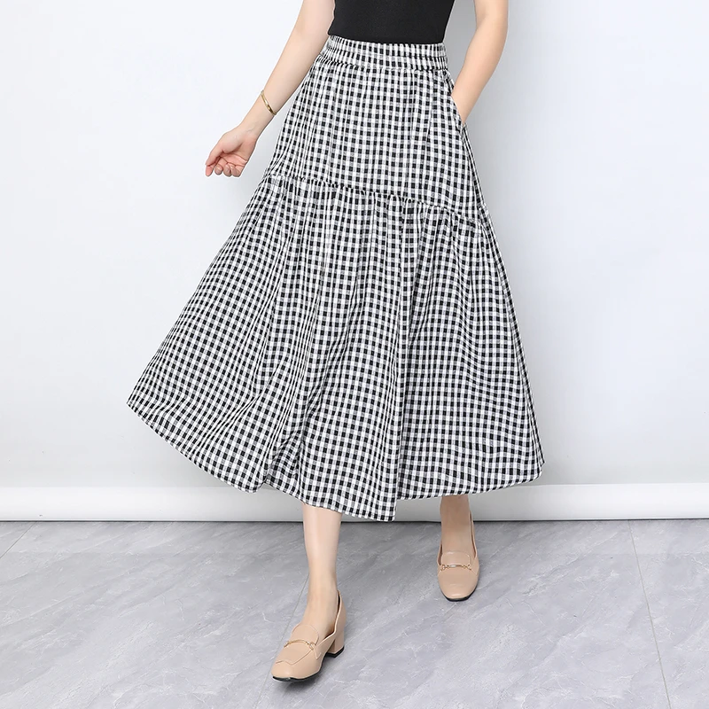 格子半身裙女夏季2025新款高腰梨形身材a字裙显瘦中长款休闲伞裙