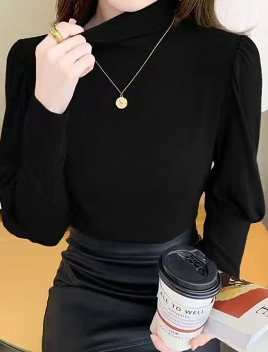 洋气半高领泡泡长袖打底衫女2025春款装新款修身显瘦气质内搭上衣