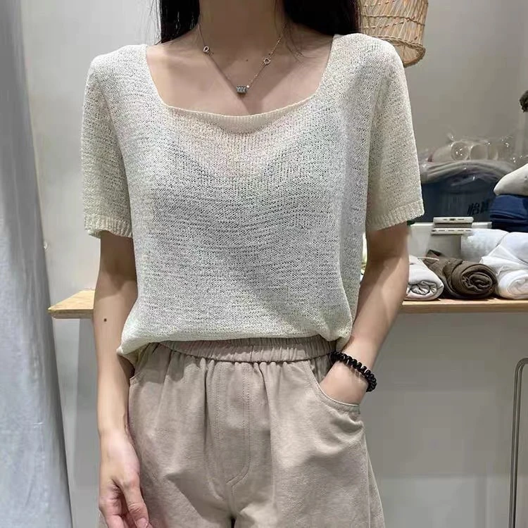 宋宋家女拼色薄款方领短袖宽松毛针织衫打底衫夏季显瘦女装