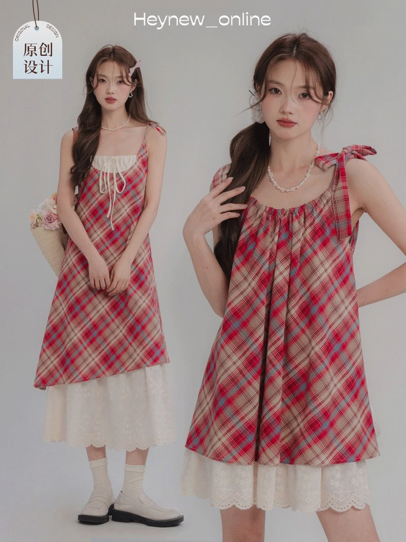【年中清清】韩版红色复古格纹夏季宽松显瘦假两件拼接吊带裙4X122
