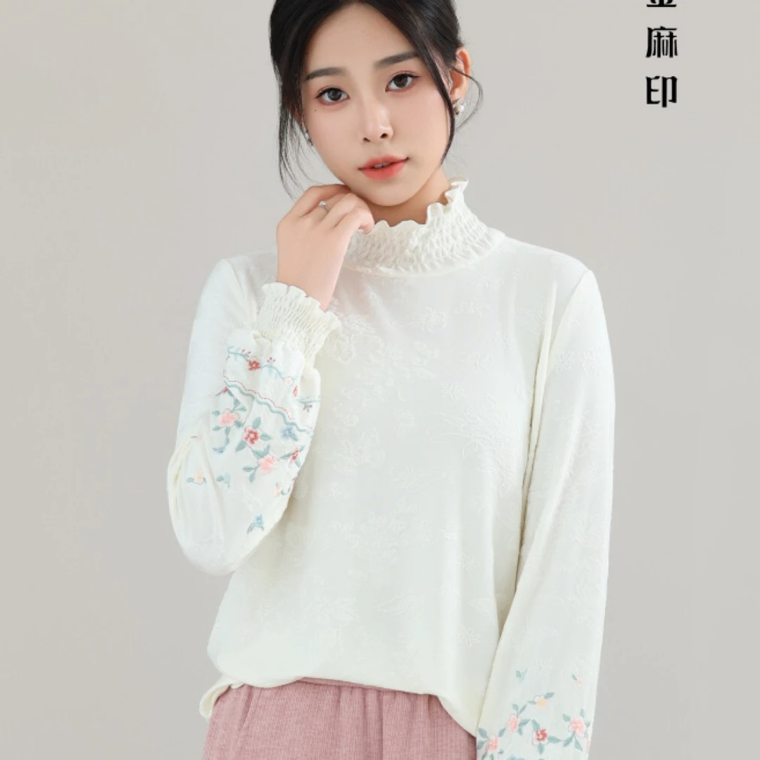 多金麻印25秋款高领套头重工刺绣灯笼袖提花针织衫打底衫5089