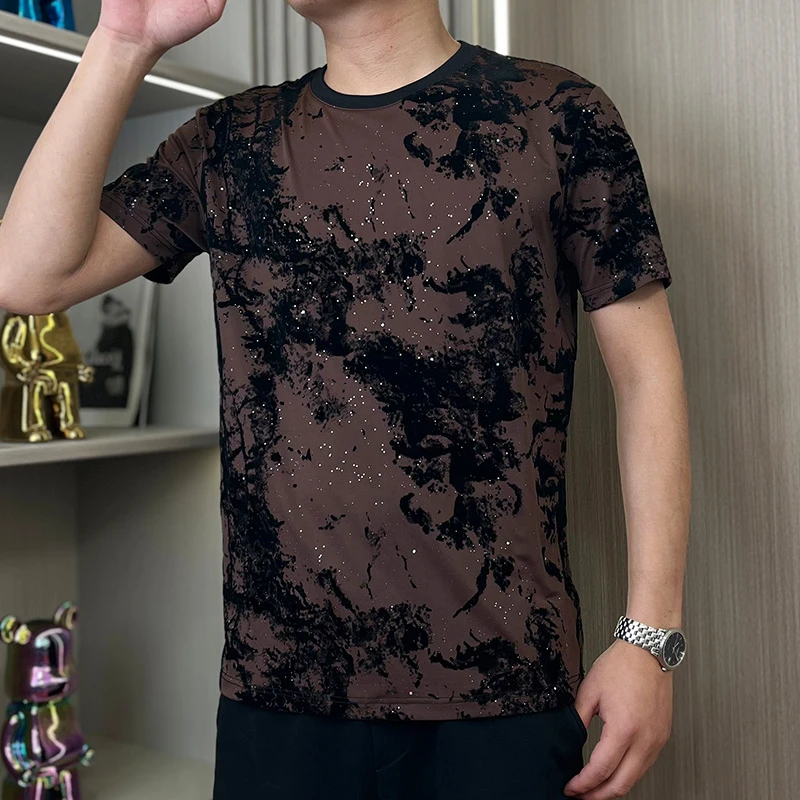满天星短袖T恤男圆领黑色植绒烧花高端轻奢发型师半袖痞帅夏上衣