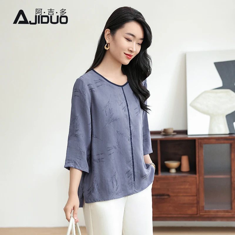 阿吉多七分袖提花t恤女夏季新款复古新中式小衫高级气质大码上衣