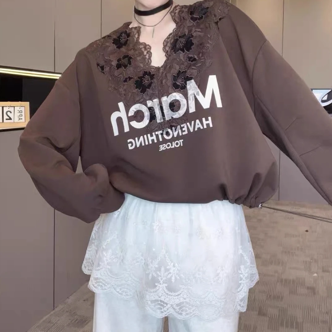 QL—9998休闲风套头款千金风蕾丝拉链卫衣拼接圆领休闲重工