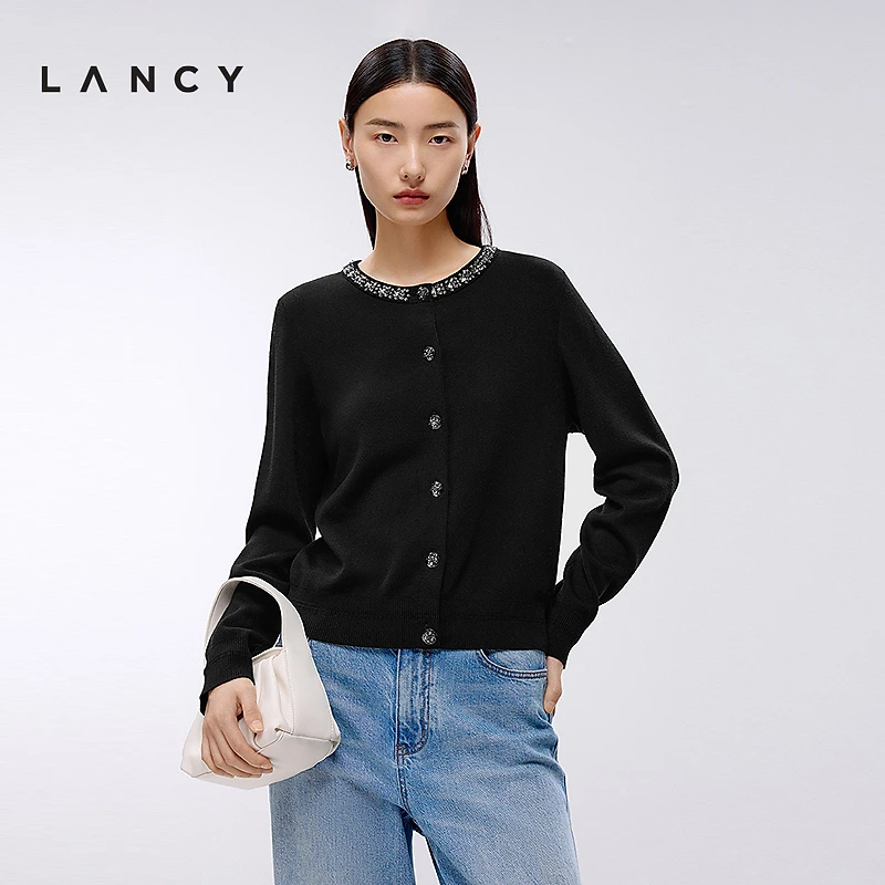 LANCY/朗姿2025年春季新款法式气质钉珠针织开衫圆领商场同款新品