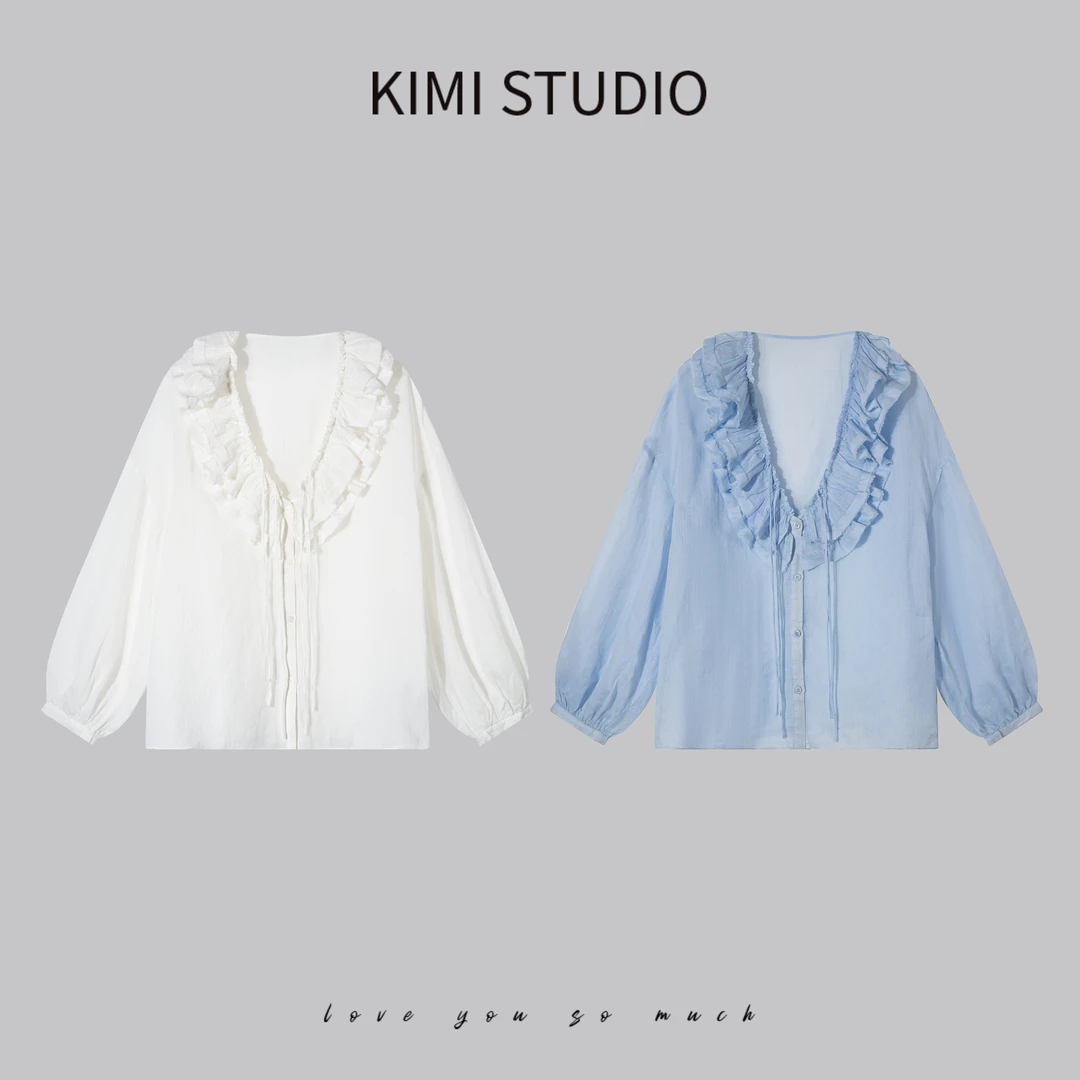 夏季薄款设计感时尚小衫小众100%苎麻重工荷叶边V领衬衫 SS251250