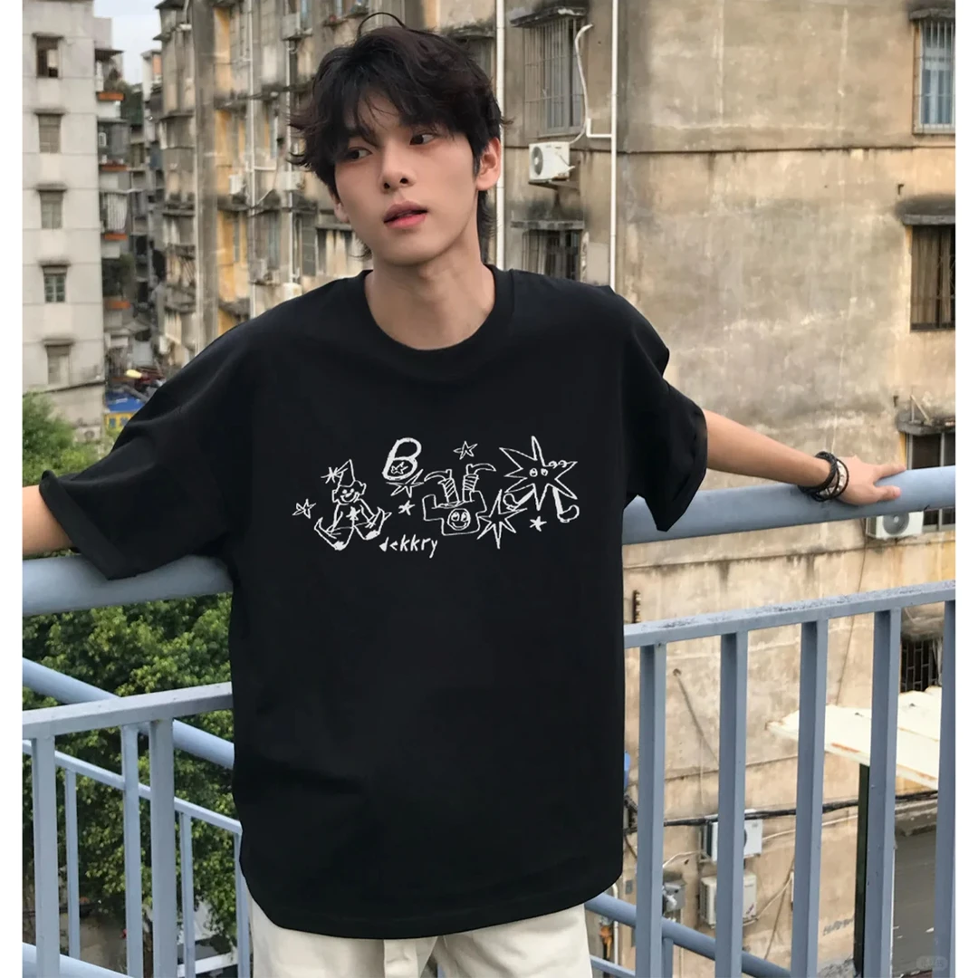 100%纯棉美式手绘卡通字母印花短袖T恤夏季男女休闲百搭情侣上衣