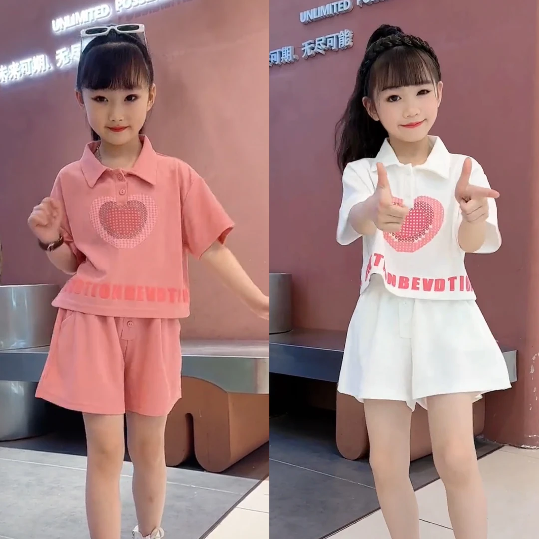 【妮妮中大童】网红爱心纯棉POLO衫学生百搭套装亲子装短袖上衣