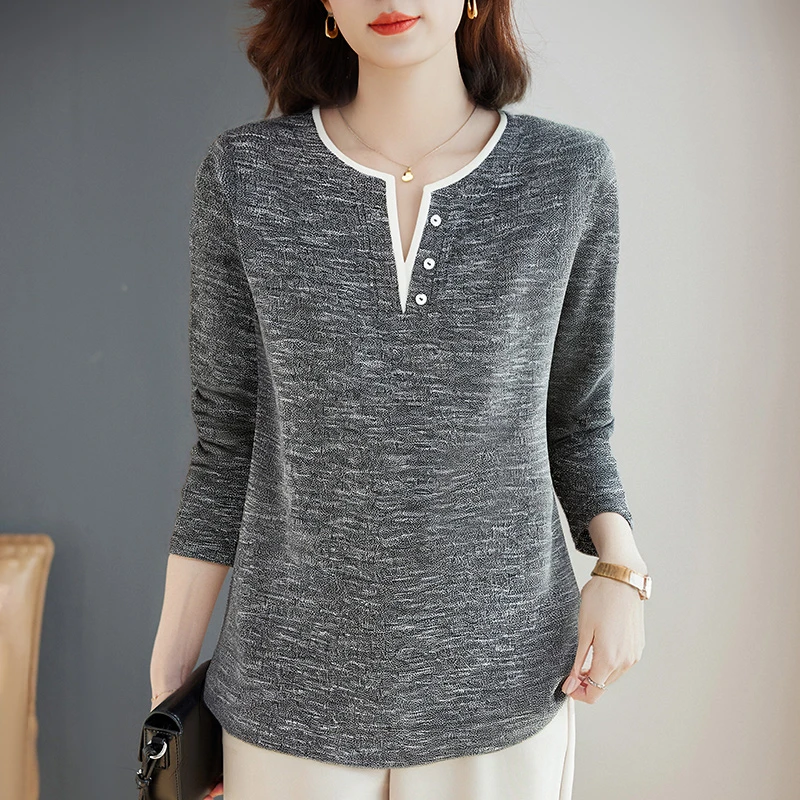 高端品牌T恤女秋装时尚V领针织打底衫爆款女装高级洋气长袖上衣女