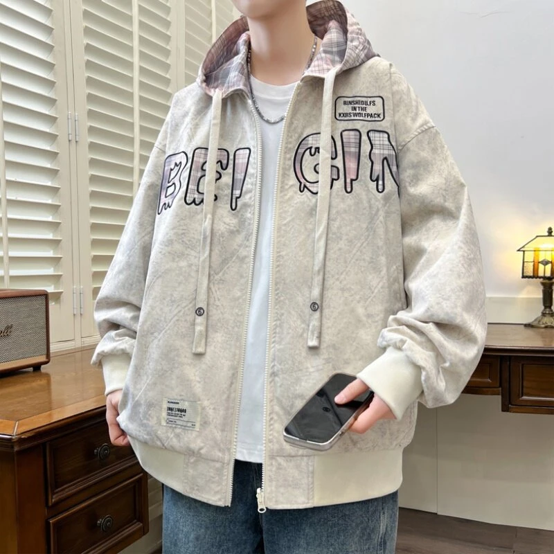 春季新品男士时尚休闲连帽外套字母刺绣潮牌帅气青少年百搭款夹克