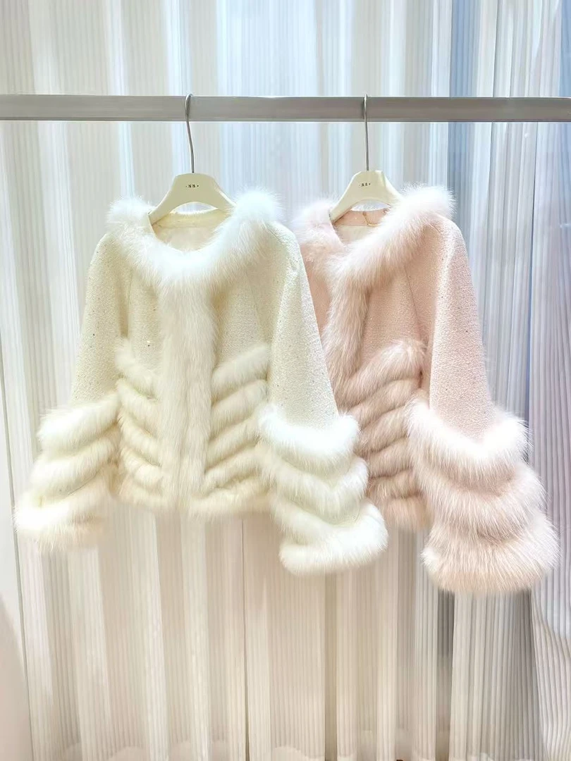 冬装新款重工重奢狐狸毛外套纯色亮片百搭甜美气质显瘦保暖充绒