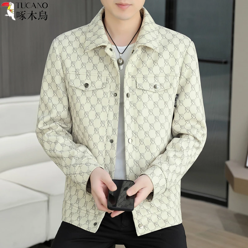啄木鳥男士外套2025新款春秋季潮流休闲青年上衣高档印花翻领夹克