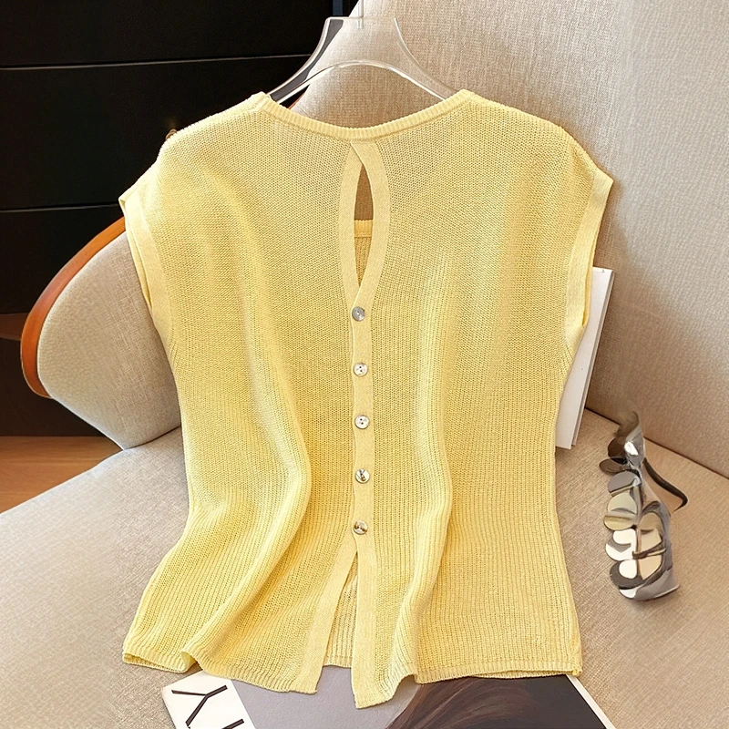 后背镂空冰丝针织衫女夏季2025新款设计感时尚气质薄款飞飞袖上衣