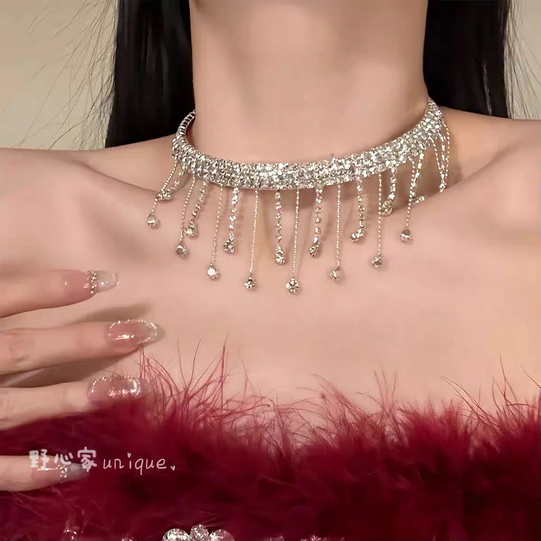 铜合金锆石项链 【静奢贵女】千金感闪锆流苏项链晚宴礼服锁骨链
