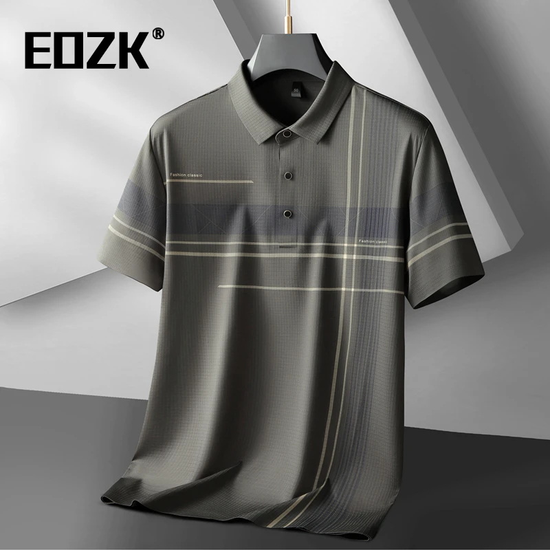 Eozk中年爸爸高端冰丝短袖T恤翻领男大码宽松休闲商务免烫Polo衫