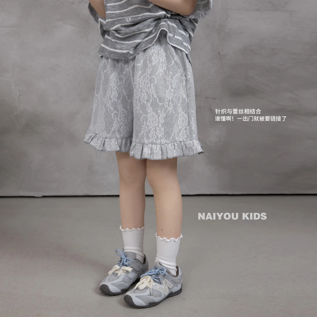 【花灰花3】女童休闲短裤2025夏季蕾丝绣花时尚洋气中大童裤子K2537