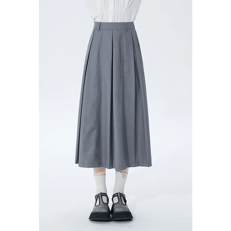 TAILOR/小葱良裁灰色格雷系西装半身裙中长款高腰工褶设计感A字裙