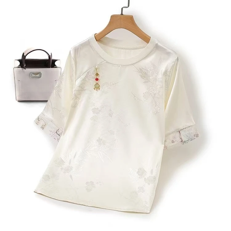 【白溪~短袖001】新中式国风短袖早春夏季禅意暗纹提花挂坠圆领T恤