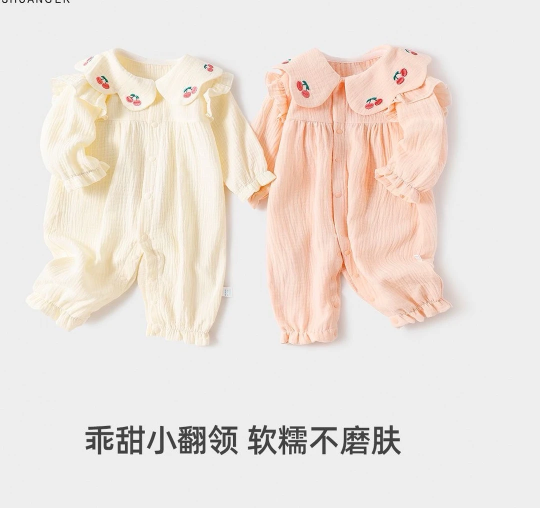 夏季婴儿娃娃领收口公主风连体衣女宝宝荷叶边纱布薄款哈衣爬服