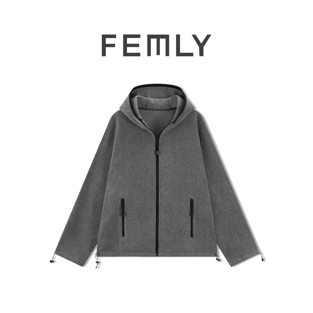 FEMLY/法曼丽 复古简约老钱风绵羊毛连帽拉链卫衣A53174WT