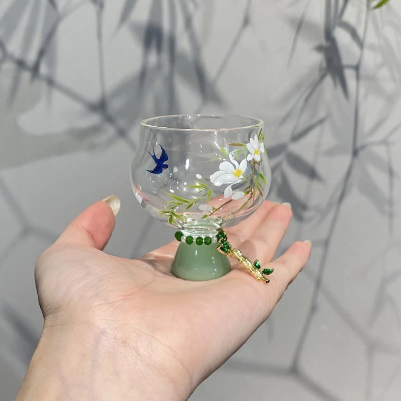 新款 高硼硅春暖花开 绿色高脚圆口杯家用简约茶杯功夫茶具品茗杯