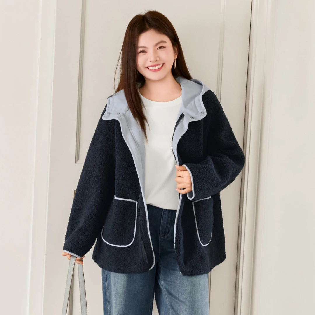 MsShe大码女装2025冬假两件撞色夹棉仿羊羔毛麂皮绒外套A2510003
