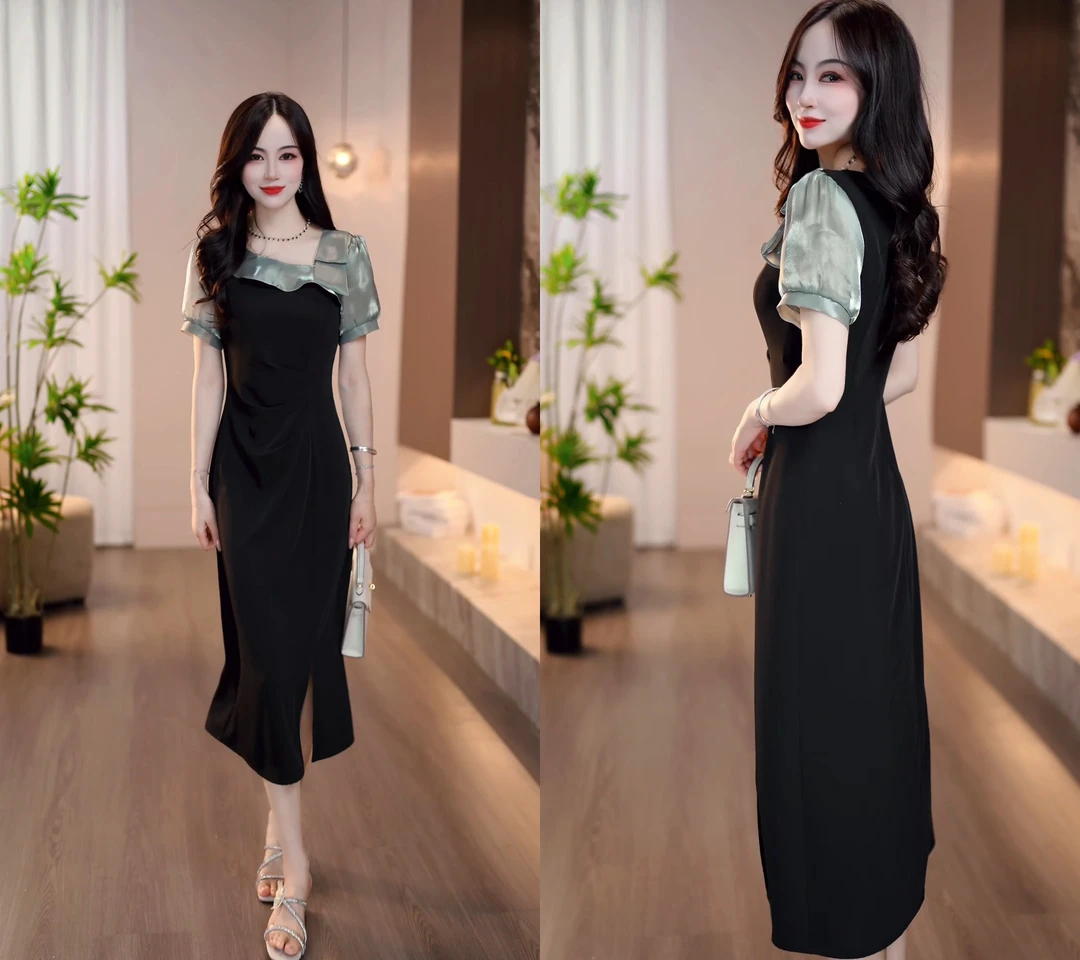 2025夏季新款绿色拼接花边优雅气质时尚经典显瘦连衣裙M-4XL