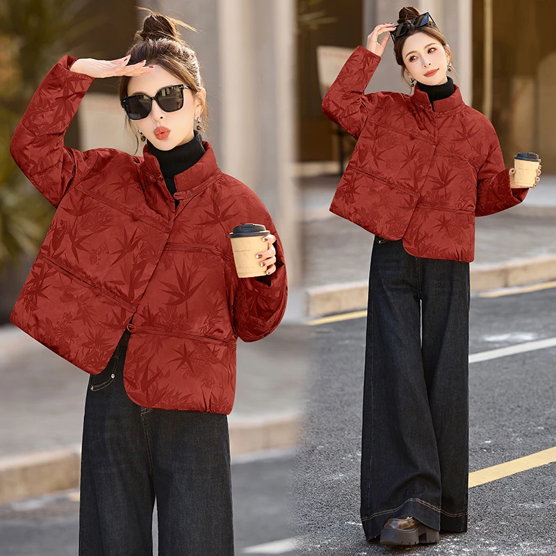 新中式国风提花羽绒服女2025冬季新款复古盘扣小个子白鸭绒外套