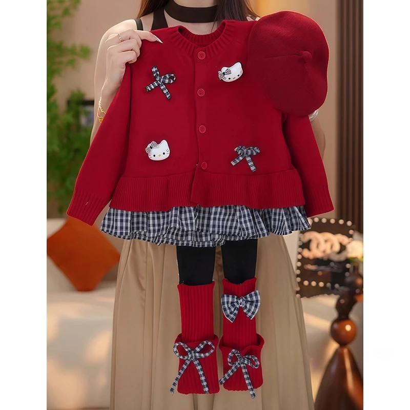 女童红色毛衣打底裤套装春秋2025新款年服格子拼接针织开衫堆堆袜