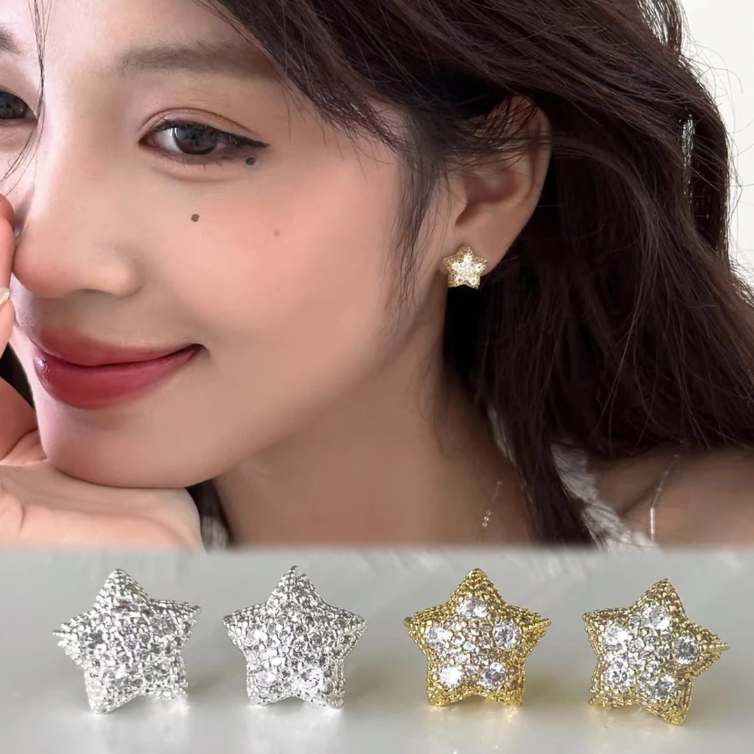 铜合金锆石耳饰 超闪满钻星星耳钉女立体重工耳环轻奢高级耳饰