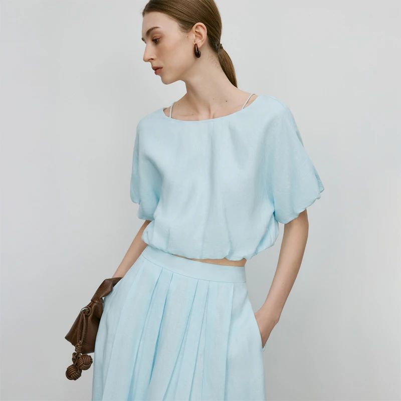 范思蓝恩ECOH轻奢系列慵懒松弛亚麻短袖半身裙25FE12036/12037