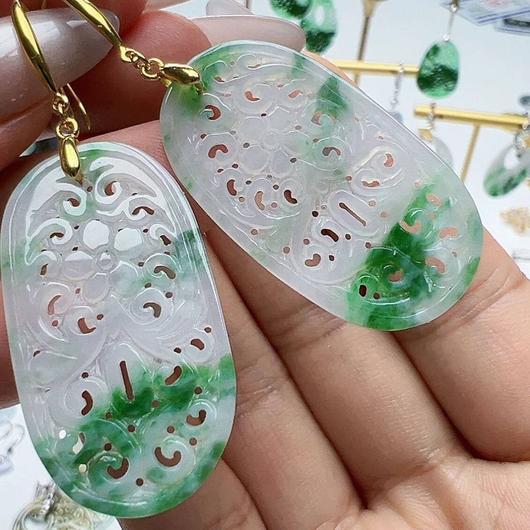 银S925镶嵌翡翠耳饰天然缅甸A货翡翠