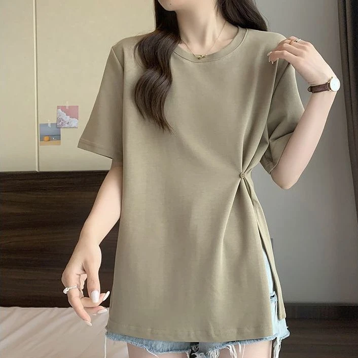 棉质大码中长款正肩短袖t恤女夏季胖mm宽松遮屁股显瘦开叉不规则