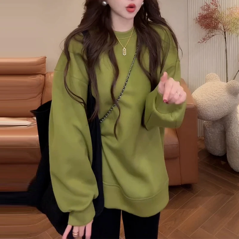 2025秋季新款韩系圆领套头纯色长袖打底卫衣女时尚百搭设计感衣服