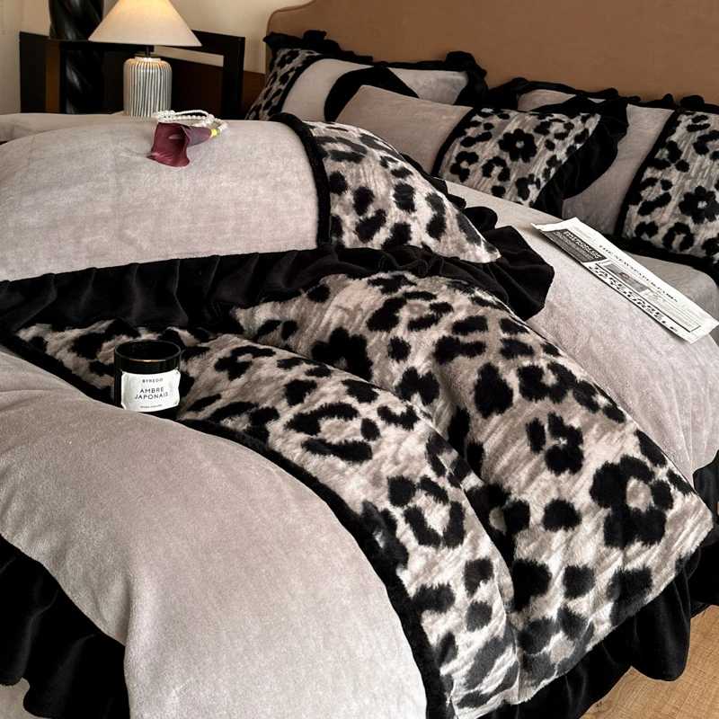 轻奢法式长毛绒豹纹加厚牛奶绒四件套冬季双面绒保暖被套被罩床单
