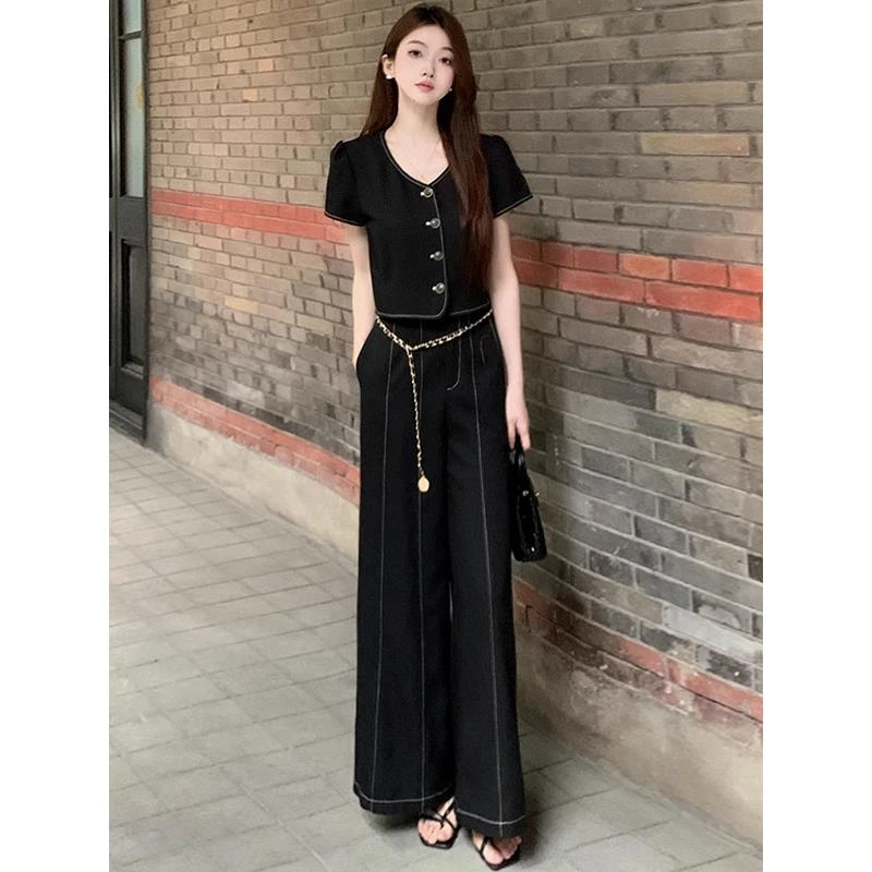 夏季高端韩版套装女显瘦黑色小香风短袖上衣阔腿裤两件套肚子